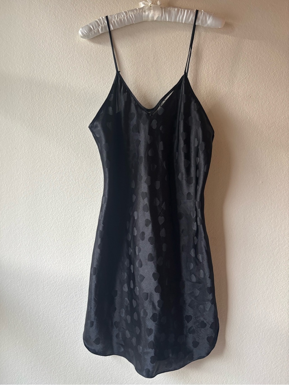 Laura Tyler at home Black Satin Slip Dress with Subtle Heart Jacquard Lingerie